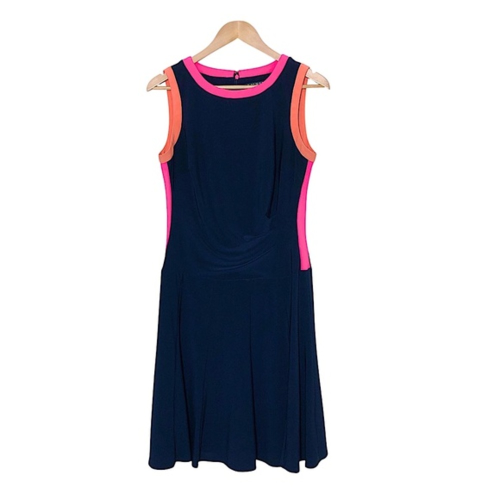 Ralph Lauren Stretchy Navy Pink/Orange Ruched‎ Sleeveless Midi Preppy Dress 10